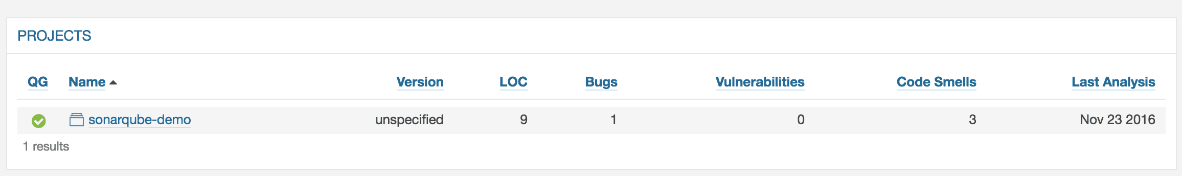 Application visible in SonarQube projects list